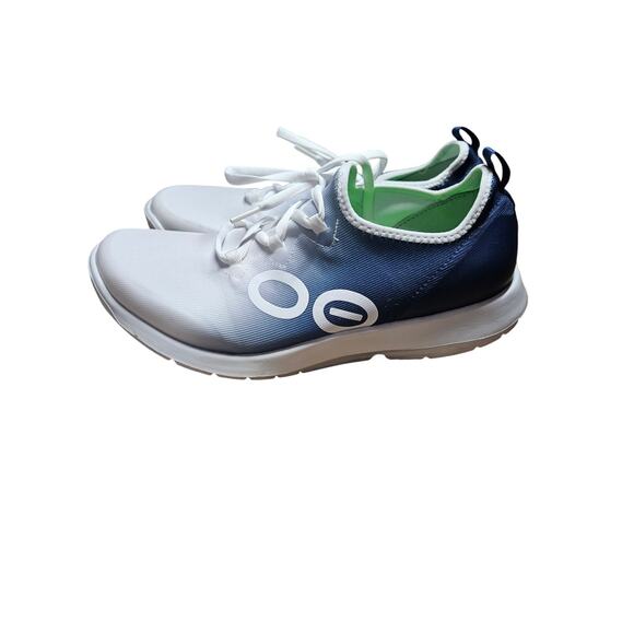 OOFOS OOmg Low Mens Size 10.5 White Blue Athletic Walking Slip-On Shoes Sneakers